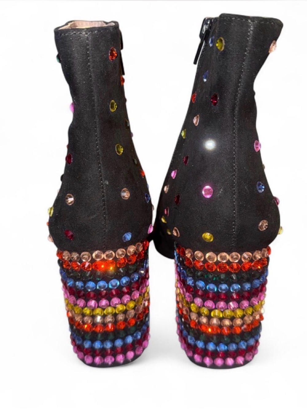 Betsey Johnson Black Suede Ankle Boots with Multicolor Rhinestones - Picture 2 of 5